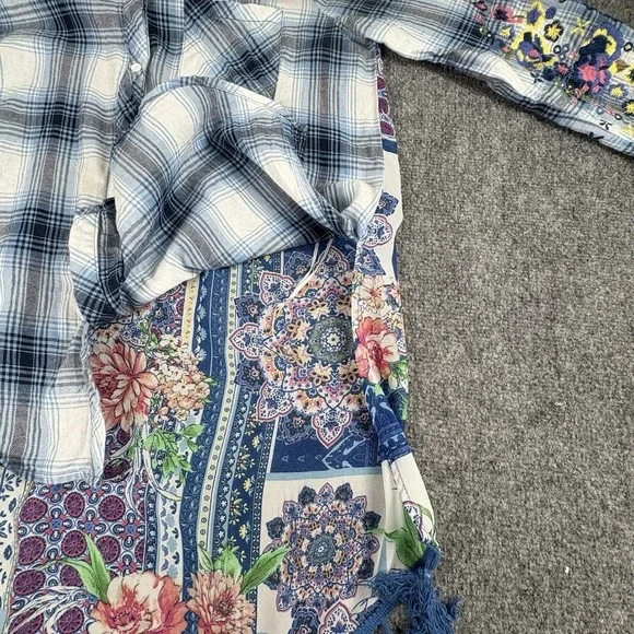Andree by Unit Boho Tunic Top M Blue Plaid‎ Floral Embroidered Patchwork Tassels - Picture 5 of 14
